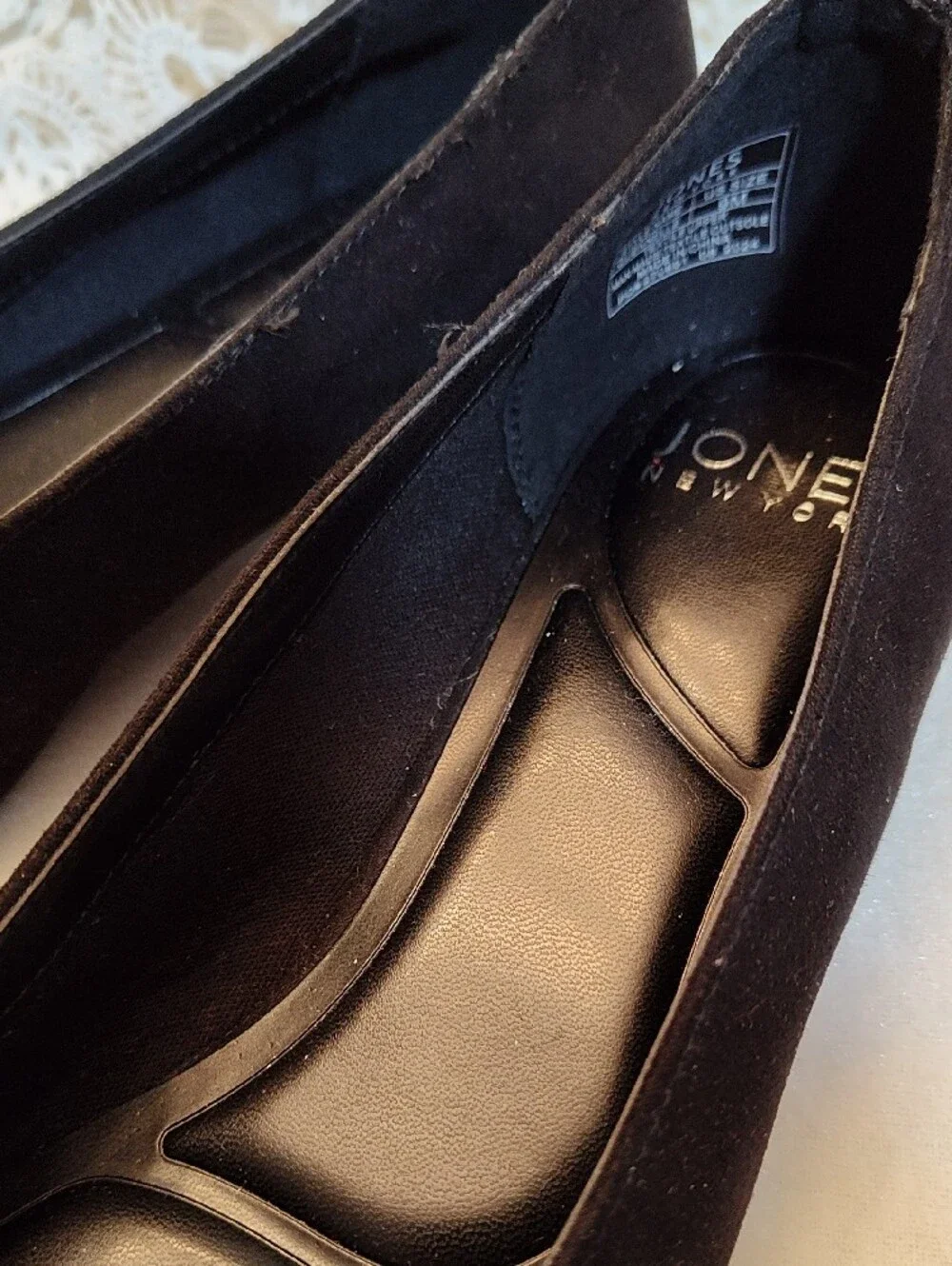 Jones New York Black Pointed Toe Flats with Crystal Loop Accent